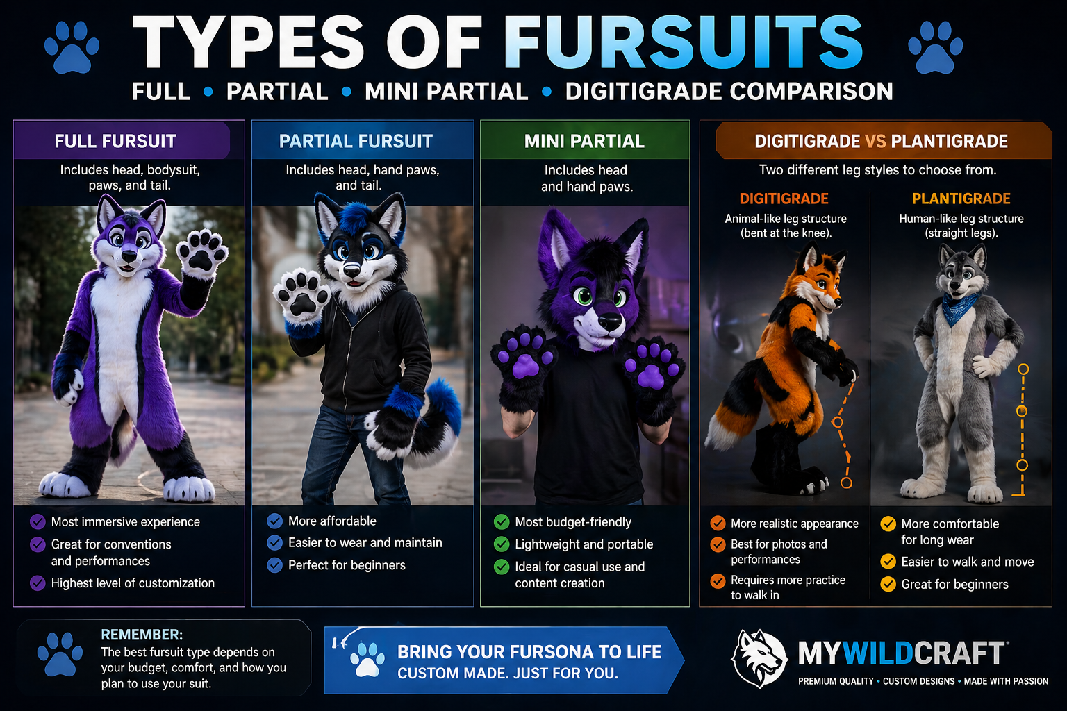 Different types of fursuits full partial digitigrade comparison